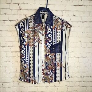 NWOT‎ Secret Blue/White Paisley Collared Sleeveless Blouse  Women L Hand Wash